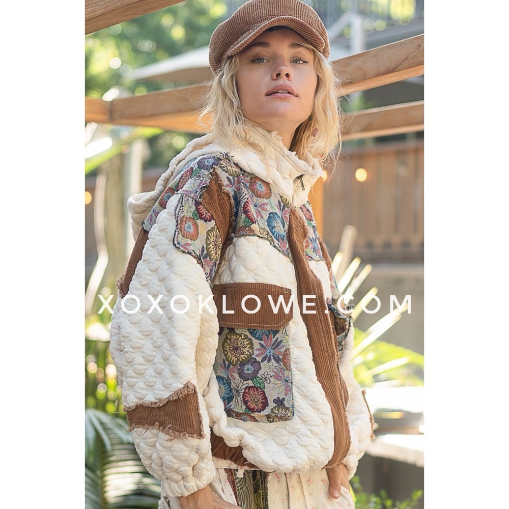 POL Cream Quilted Zip Up Jacket with Floral Jacquard & Corduroy Contrast - Picture 5 of 9